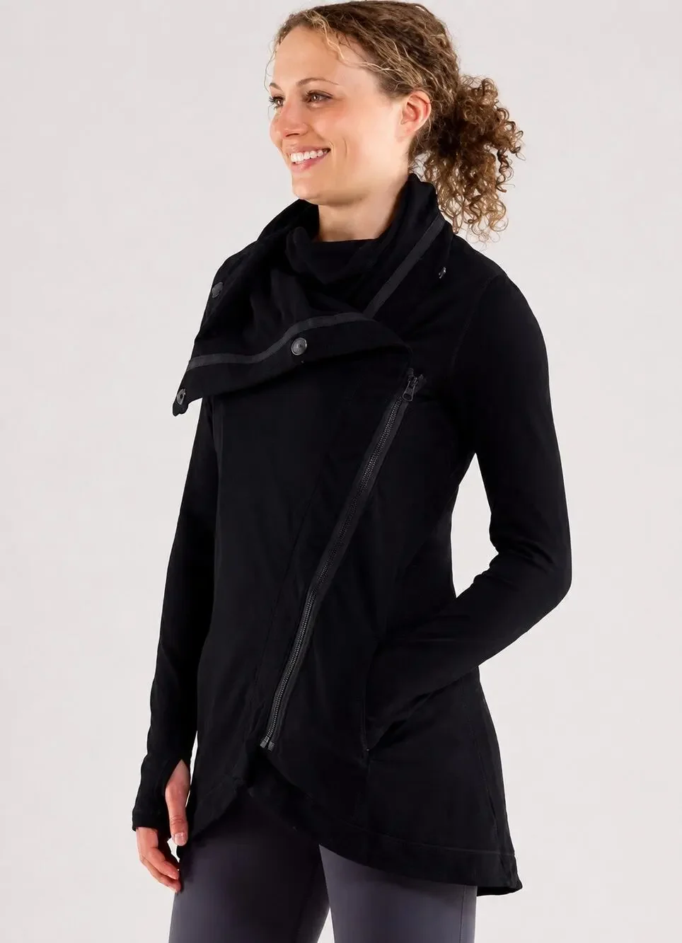Lululemon Method Wrap Black Asymmetrical Zip Cowl Neck Jacket Size 10
